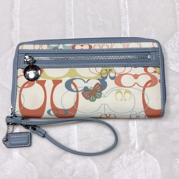 Coach Wristlet Wallet Multicolor Butterfly Print Canvas Blue Trim Zip Around - Picture 3 of 12